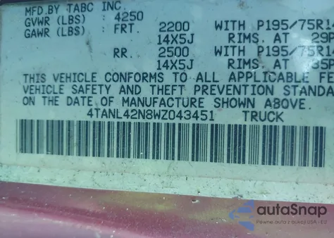 1998 Toyota Tacoma from USA, damaged, VIN 4TANL42N8WZ043451